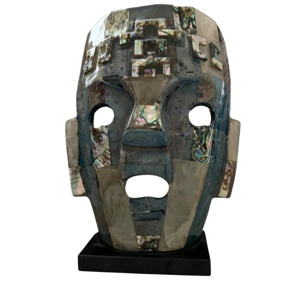 Vintage Mayan Turquoise & Abalone Mosaic Death Mask On‎ Black Stone Base - Picture 3 of 15